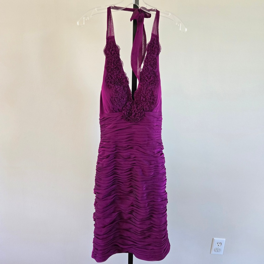 Adrianna Papell Boutique Magenta Ruched 3D Rosette Halter Dress Purple Size 6